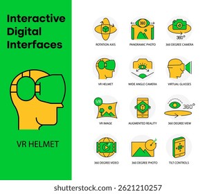 Interfaces digitais interativas - Ícones que ilustram a realidade aumentada, controle de movimento e navegação inteligente com traço editável