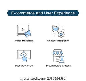 Interactive Digital Tools Vector Icons. Includes: Chatbot Integration, E-commerce Strategy, User Experience, Data Privacy, Trend Analysis