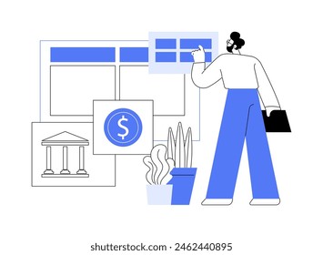 Ilustraciones vectoriales de dibujos animados aisladas de pared digital interactiva. Hombre que utiliza la exhibición Grande y de la Alta resolución en el banco del ladrillo y del mortero, gente de negocios, la caricatura del Vector de la institución financiera.