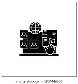 Icono de glifo de documentos interactivos. Trabajo a distancia en laptop. Red global. La gente se comunica en línea. Concepto de administración remota.Firma plana rellenada. Ilustración vectorial de silueta aislada