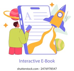 Interactive E-Book concept. A person engages with a digital book containing elements of space, fostering an immersive learning experience. Vector illustration.