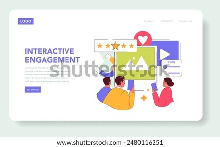 Interactive Engagement concept. People engaging with online content through likes, stars, and polls. Digital interaction in social media. Vector illustration.