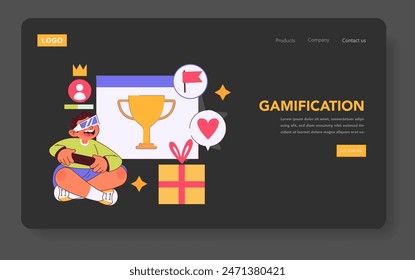 Interactive Engagement concept. A user enjoys rewards in a gamified website interface promoting interaction and achievement. Motivation through digital trophies and likes. Vector illustration.
