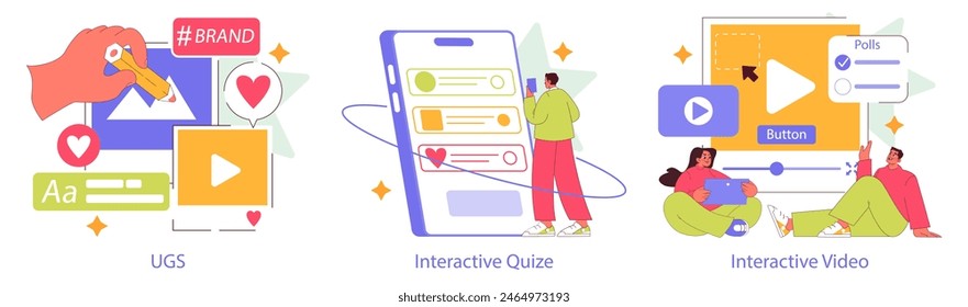 Interactive Engagement set. Digital interaction, social media engagement, and user interface elements. Branding, quizzes, and video interaction illustrated. Vector illustration.