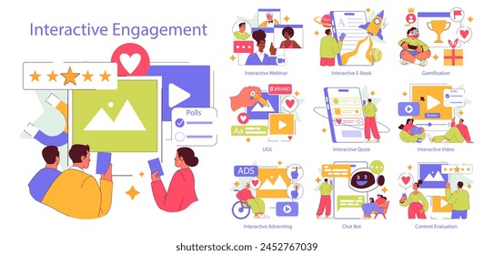 Interactive Engagement set. Digital engagement techniques like polls, quizzes, and gamified learning visuals. Audience interaction in webinars and ebooks. Vector illustration.