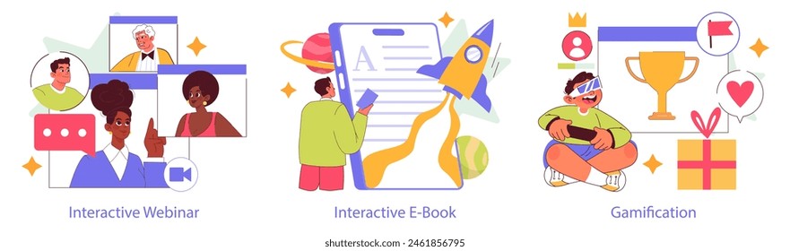 Interactive Engagement set. Webinar, e-book, and gamification elements for educational and entertainment purposes. Modern digital learning and rewards. Vector illustration.