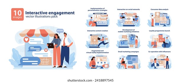 Interactive Engagement Vector Set. A collection showcasing diverse digital marketing strategies and customer engagement techniques. Includes social media, data analysis, and VR. Flat vector.