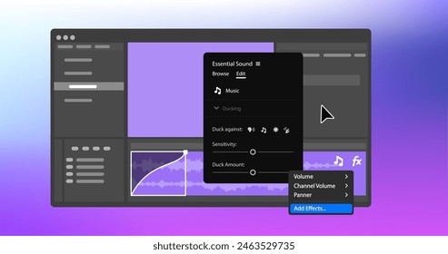 Interactive Fade Handles on audio clips. Timeline in Video editor. Essential Sound menu Panel. Vector illustration