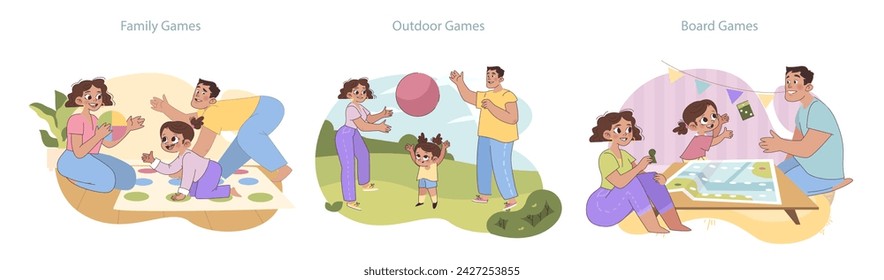 Interactive family set. Engaging in indoor and outdoor games. Joyful moments with board games, playful learning, and active fun.