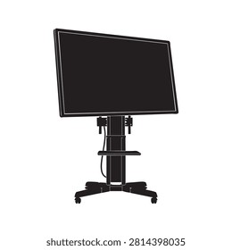 Interactive flat panel display mounted on mobile rolling stand for professional meeting rooms or classroom environments. Versatile educational and business tool for digital presentations visual communication and collaborative tasks. Sleek black silhouette graphic isolated on clean white background.