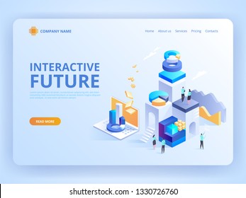 Interactive future innovation. Retail and lifestyle at store. Social city of the future. Experience of work, learning or entertaining on augmented reality. Vector isometric illustration