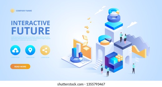 Interactive future innovation. Retail and lifestyle at store. Social city of the future. Experience of work, learning or entertaining on augmented reality. Vector isometric illustration