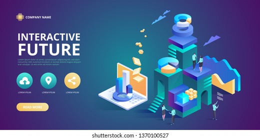 Interactive future innovation. Retail and lifestyle at store. Social city of the future. Experience of work, learning or entertaining on augmented reality. Vector isometric illustration