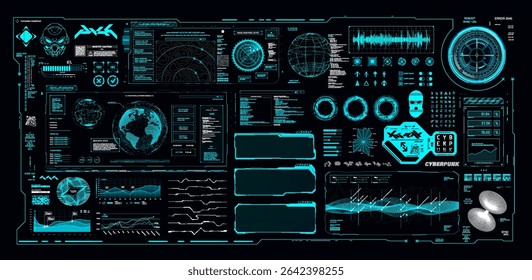 Panel interactivo de HUD futurista con hologramas UI. Tablero de Cyberpunk con interfaz de usuario futurista HUD, Elementos 3D, gráficos, infografías, diagramas, marcos. Salpicadero de ciencia ficción. Conjunto de interfaz gráfica de Vector