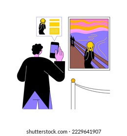 Interactive gallery isolated cartoon vector illustrations. Young spectator man takes photo of interactive gallery paintings, museum exhibition, augmented reality art vector cartoon.