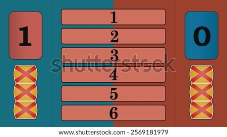 Interactive game show board featuring team scores, strikes, and point values on a split background