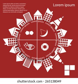 Interactive graphics in the style of the city. Houses around the circle with a place under the text