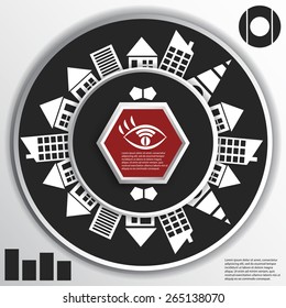 Interactive graphics in the style of the city. Houses around the circle with a place under the text