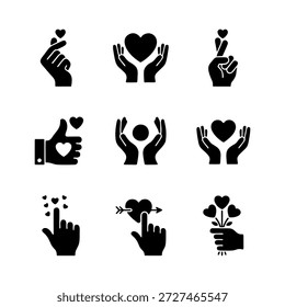 Interactive hand silhouettes featuring peace, pointing, prayer, and heart gestures.