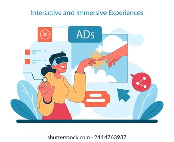 Interactive and Immersive Experiences concept. Engaging users with virtual reality advertising. The forefront of digital marketing innovation. Vector illustration.