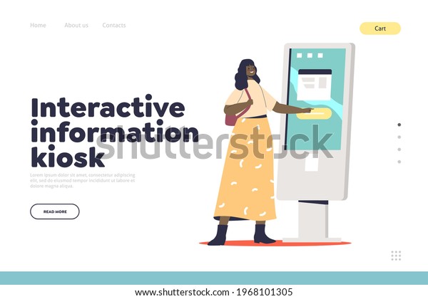 Interactive information kiosk concept of\
landing page with woman using self-service payment electronic\
terminal with touch screen. Modern digital signage technology. Flat\
vector\
illustration