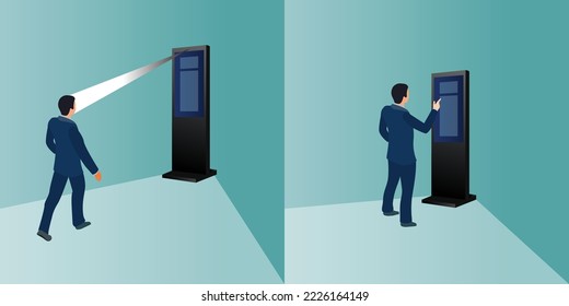 Interactive information kiosk concept with a man using a self-service electronic terminal with touch screen. Visitor management system with facial recognition, kiosk self-registration system, Vector.