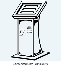 Interactive information kiosk. Terminal stand screen display console infokiosk. Isolated on blue background