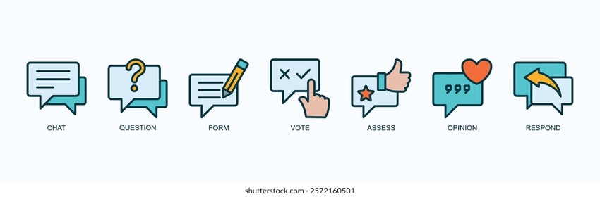 Interactive Insights Icon Set Isolated Vector Illustration Concept With Icon Of Chat, Question, Form, Vote, Assess, Opinion, Respond In Outline Color Style