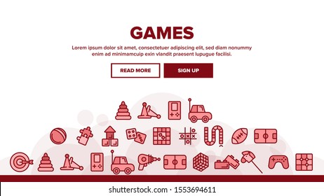 Interactive Kids Games Landing Web Page Header Banner Template Vector. Video Games Controller And Rugby Football Ball, Ray Gun And Car Toy Linear Pictograms. 