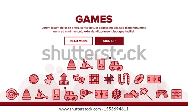 Interactive Kids Games Landing Web
Page Header Banner Template Vector. Video Games Controller And
Rugby Football Ball, Ray Gun And Car Toy Linear Pictograms.
