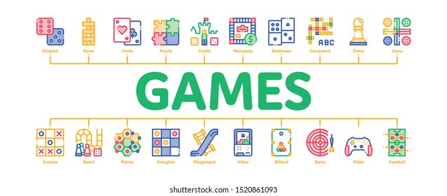 Interactive Kids Games Minimal Infographic Web Banner Vector. Domino, Chess And Video Games Controller Linear Pictograms. Cards, Billiard, Darts Contour Illustrations