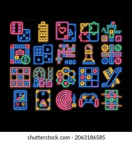 Interactive Kids Games neon light sign vector. Glowing bright icon  Domino, Chess And Video Games Controller Pictograms. Cards, Billiard, Darts Illustrations