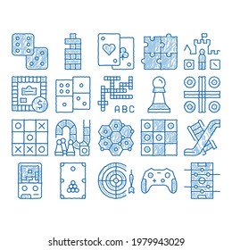 Interactive Kids Games sketch icon vector. Hand drawn blue doodle line art Domino, Chess And Video Games Controller Pictograms. Cards, Billiard, Darts Illustrations