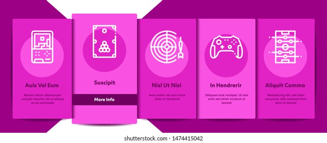 Interactive Kids Games Vector Onboarding Mobile App Page Screen. Domino, Chess And Video Games Controller Linear Pictograms. Cards, Billiard, Darts Color Contour Illustrations