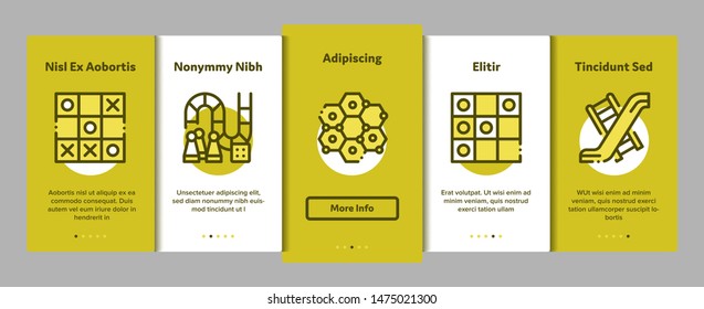 Interactive Kids Games Vector Onboarding Mobile App Page Screen. Domino, Chess And Video Games Illustrations