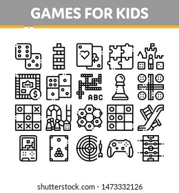 Interactive Kids Games Vector Thin Line Icons Set. Domino, Chess And Video Games Controller Linear Pictograms. Cards And Billiard, And Darts Black Contour Illustrations