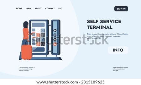 Interactive kiosk landing. Self service terminal and check-in screen web design template. Vector checkout and ordering kiosk website layout. Passenger with luggage paying ticket in machine