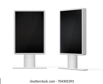 Interactive kiosk screen. POI, POS. Isolated on white background. Multimedia stand template. Vector illustration.