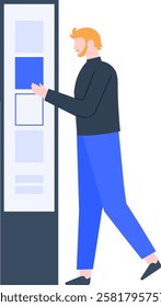 Interactive kiosk with touchscreen interface being used by a man selecting an option, concept of digital interaction, self service technology, modern user experience
