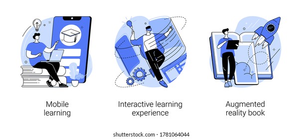 Interactive learning abstract concept vector illustration set. Mobile learning, augmented reality book, m-learning application, e-learning platform software, digital content abstract metaphor.