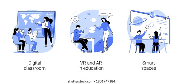 Conjunto de ilustraciones vectoriales de concepto abstracto de aprendizaje interactivo. aula digital, VR y AR en educación, espacios inteligentes, aprendizaje mixto, realidad virtual, tecnología en la metáfora abstracta de la educación.