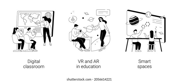 Interactive learning abstract concept vector illustration set. Digital classroom, VR and AR in education, smart spaces, blended learning, virtual reality, technology in education abstract metaphor.