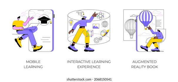 Interactive learning abstract concept vector illustration set. Mobile learning, augmented reality book, m-learning application, e-learning platform software, digital content abstract metaphor.