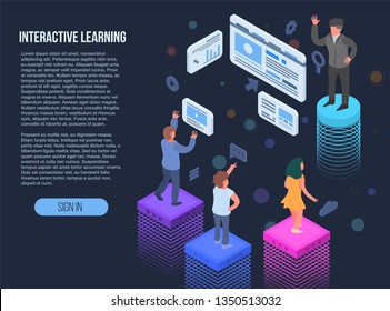 Interactive learning banner. Isometric illustration of interactive learning vector banner for web design