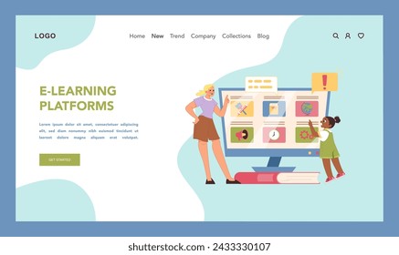 Interactive learning concept. Curious young black girl navigates e-learning platform under female teacher guidance. Shift to dynamic digital education. Modern technologies for studying. Flat vector