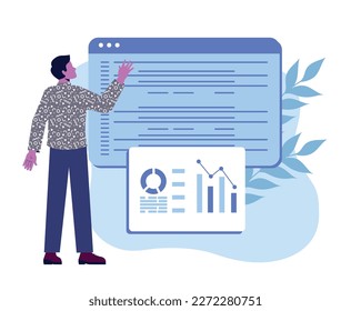 Interactive learning concept. Man analyzes graphs and charts. Teacher develops education plan for students. Content, information and knowledge. Adaptive lessons. Cartoon flat vector illustration