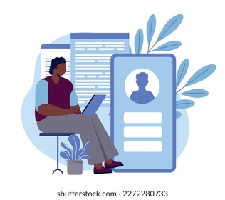 Interactive learning concept. Man with laptop enters in profile. Individual program of education and training. Student doing homework. Mobile app with knowledge. Cartoon flat vector illustration