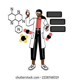Concepto de aprendizaje interactivo. Una joven científica lleva a cabo experimentos o investigaciones en el campo de la química utilizando gafas de realidad virtual. Tecnologías innovadoras. Dibujo vectorial plano de dibujos animados