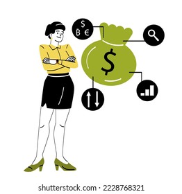 Interactive learning concept. Young woman financial analyst analyzes money, currency and economy with help of modern technologies. Profit or income. Cartoon flat vector illustration in doodle style