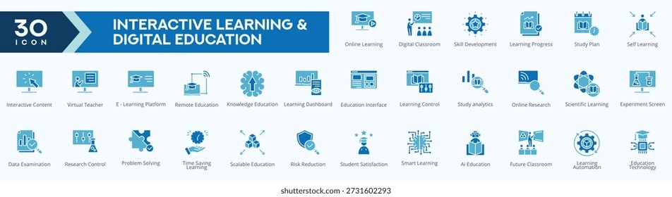 Aprendizagem interativa e educação digital ícones coleção imagens vetoriais Duo Tone set.
contendo aprendizagem on-line, sala de aula digital, desenvolvimento de habilidades, progresso da aprendizagem, plano de estudo e muito mais.
para o conjunto de ícones da Web.